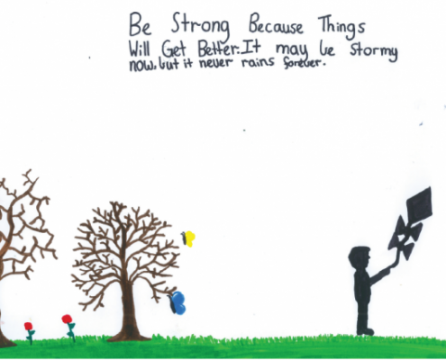 A boy flying a kite near two trees with the text "Be strong because things will get better. It may be stormy now but it never rains forever."