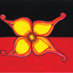 A painting of a yellow flower in the centre of the Aboriginal flag.