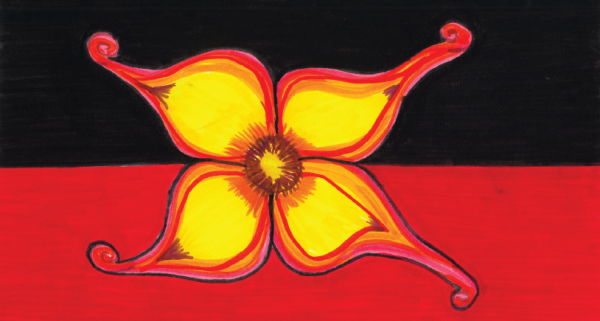 A painting of a yellow flower in the centre of the Aboriginal flag.