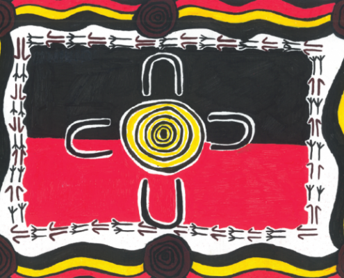 A painting in the colours of the Aboriginal flag.