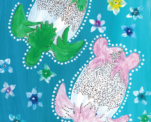 A painting of a green and a pink turtle on a blue background surrounded by flowers.