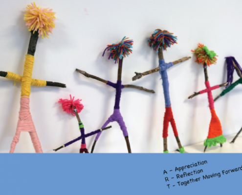 Stick people family made with sticks and colourful string.