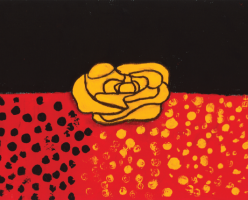 A painting of yellow flower in the centre of the Aboriginal flag.