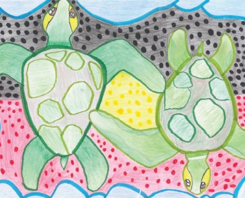 A drawing of two green turtles in front of the Aboriginal flag.